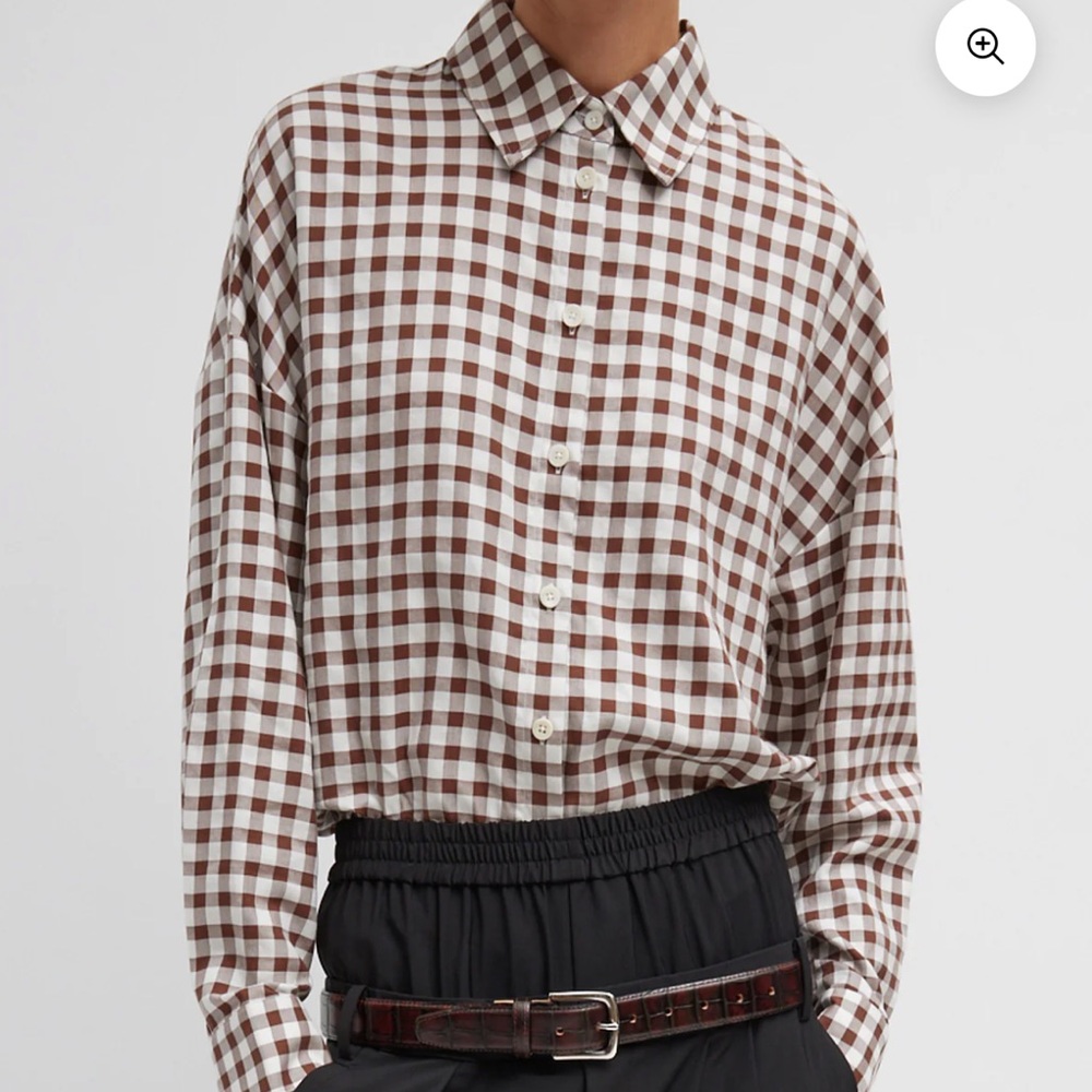 Tibi Gingham Drape Oversize Button-up. Brown/White. Size XXS.
